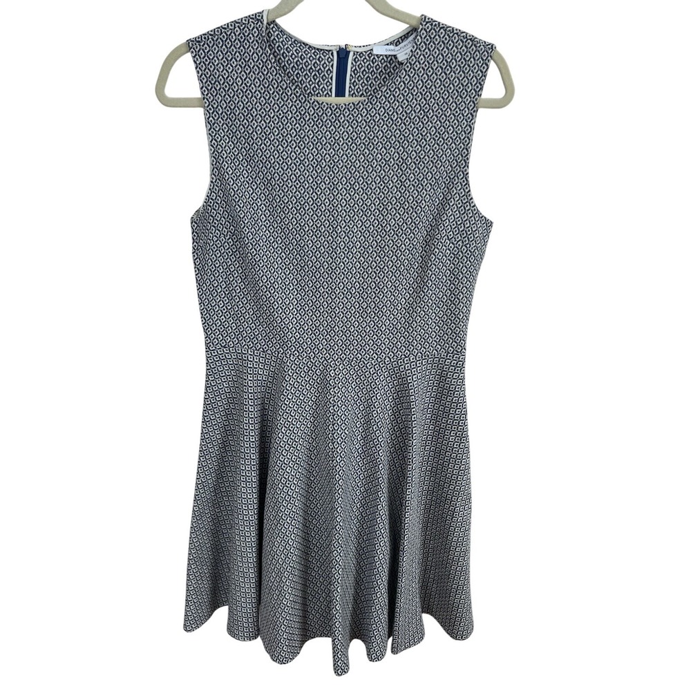 DVF Diane von Furstenberg Jeannie Fit And Flare Mini Dress Blue and White 10 M L